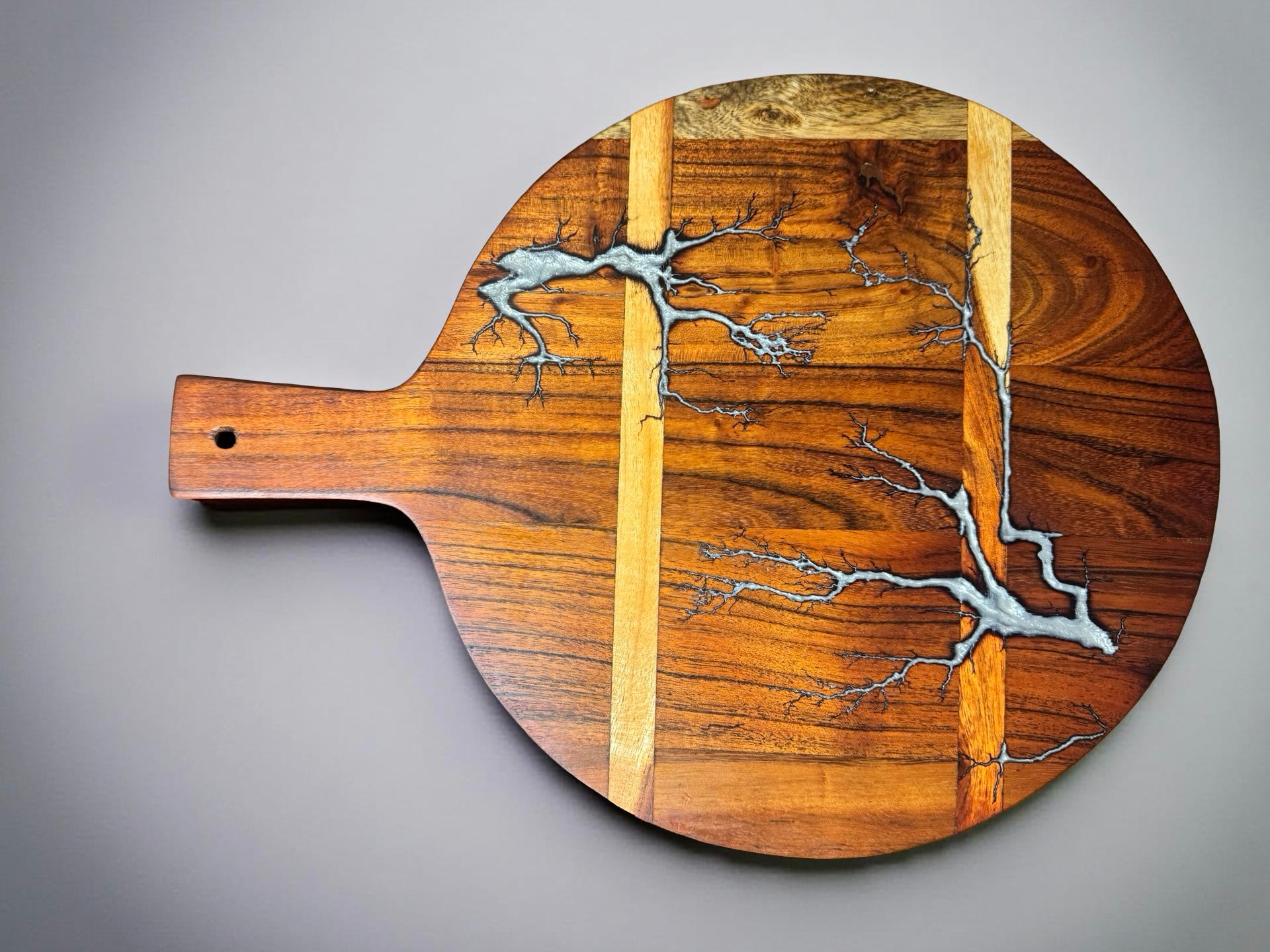 Silver resin electric cheese paddle acacia timber fractal burn pattern australian resin boards