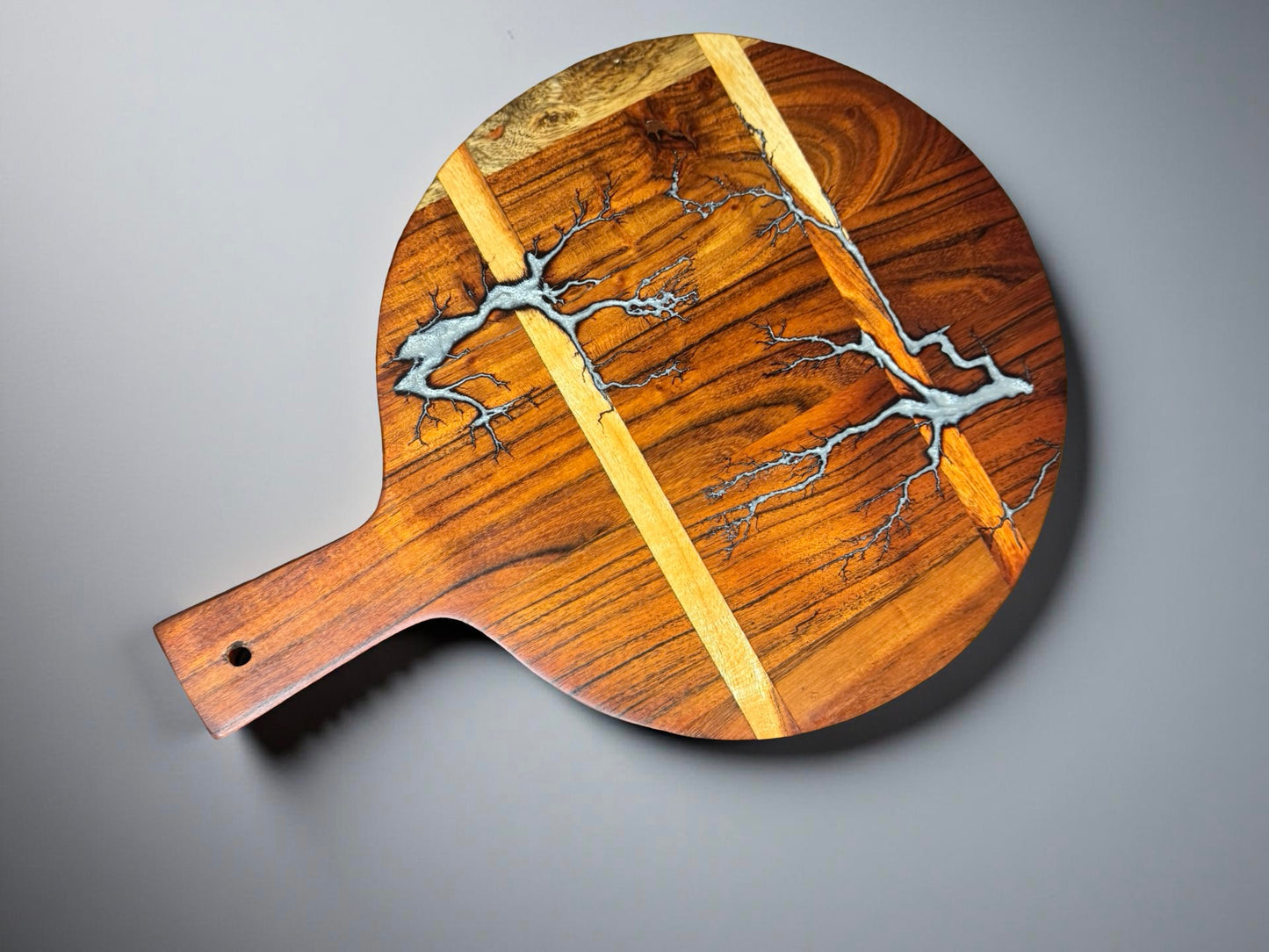 Handcrafted acacia round cheese board silver resin highlight grazing paddle east gippsland