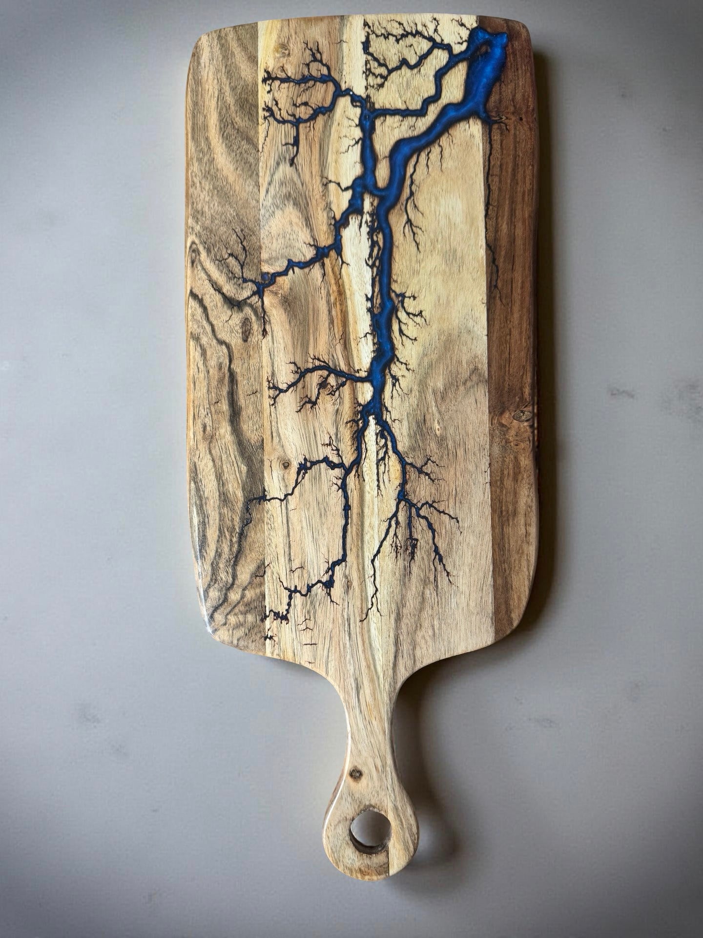 Sapphire blue resin rectangle cheese board with electric fractal pattern handcrafted acacia timber resin boards australia east gippsland