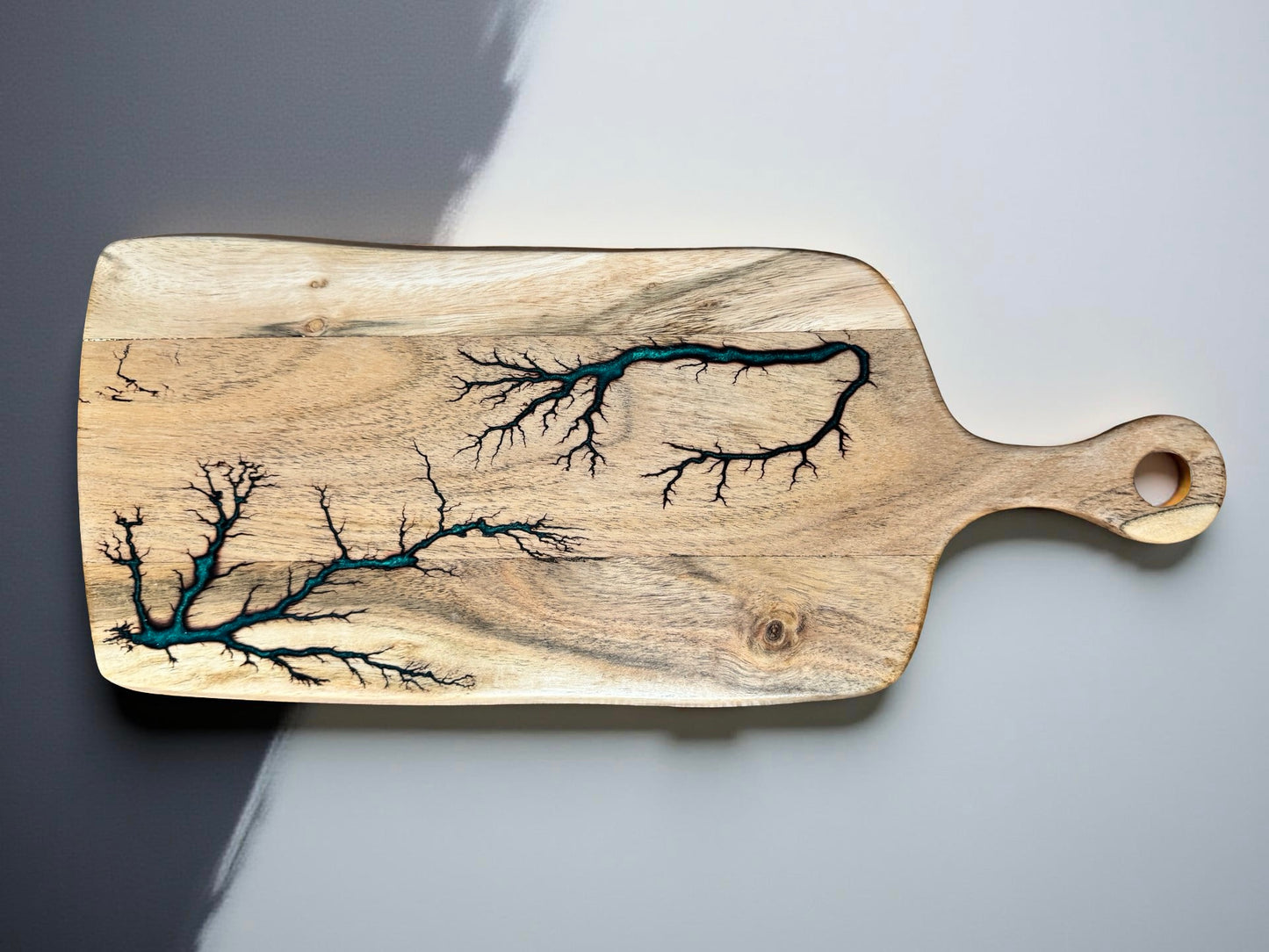 Green resin acacia cheese paddle Australia made fractal burning detail rectangle board design