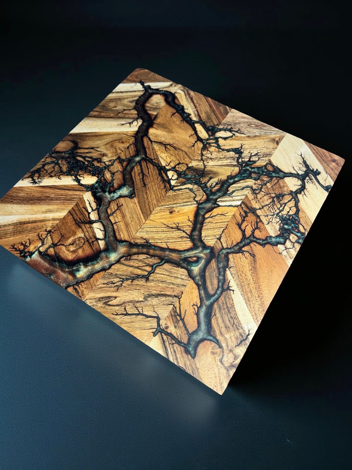 320 x 320 Australian hardwood chopping board with red green chameleon resin colour shift and branching fractal burning art artisan crafted in East Gippsland resin boards Australia by Fractal Flow Designs