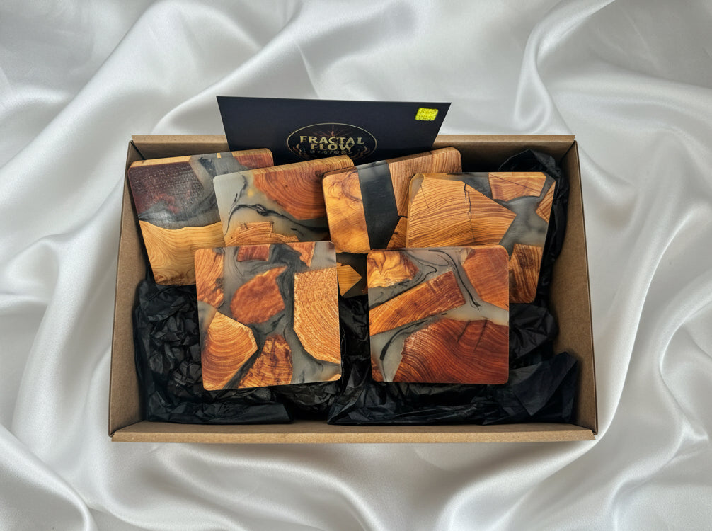 Handcrafted resin coasters by Fractal Flow Designs – artisan timber and resin drink coasters made in East Gippsland, Victoria, Australia.