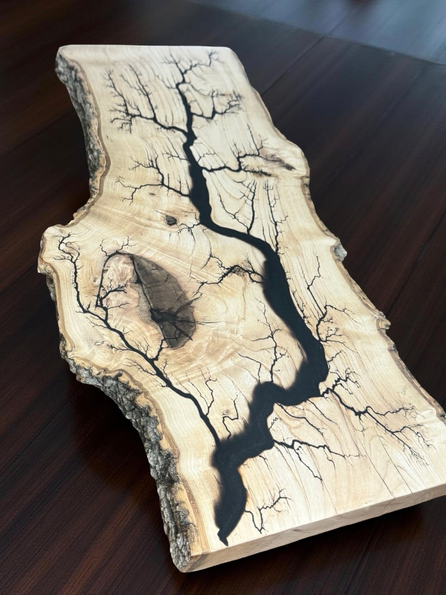 Black resin English oak live edge board featuring electric fractal burning, premium resin boards Australia