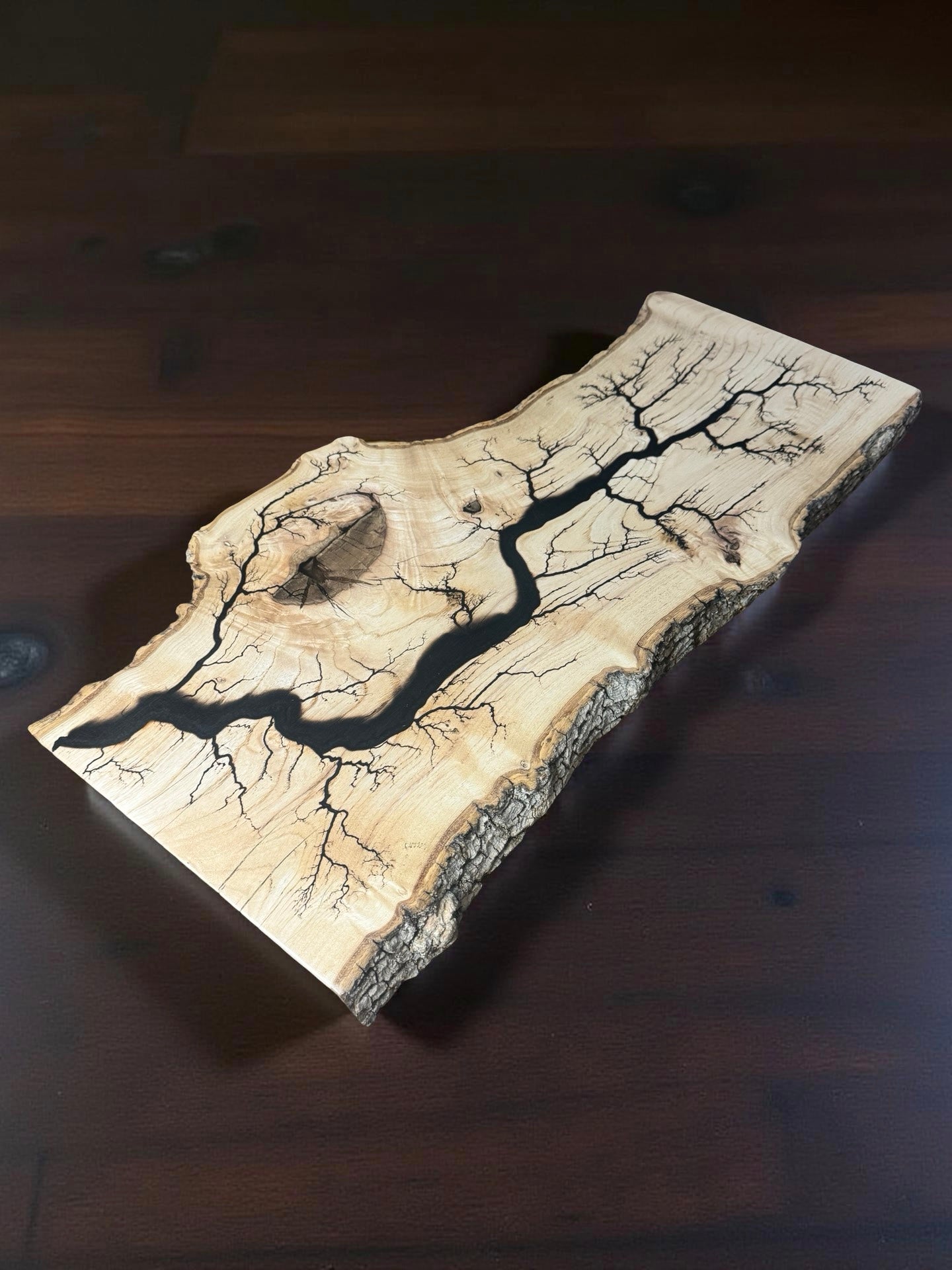 English oak live edge resin board in black, lightning fractal burn design, Australian handmade resin board