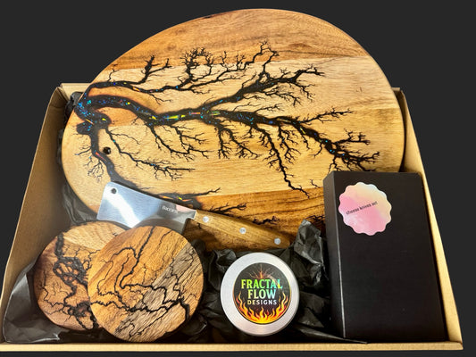 Cheese Lover’s Gift Box – Small Resin Board, Cheese Knife & Care Kit & Unique coasters | Premium Australian-Made Gift Hampers – Fractal Flow Designs, Australian-made resin board from Bairnsdale Victoria
