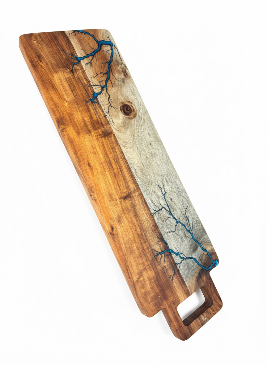 Long sky blue resin board 720 x 220 with fractal burning art handcrafted from Australian timber resin boards Australia