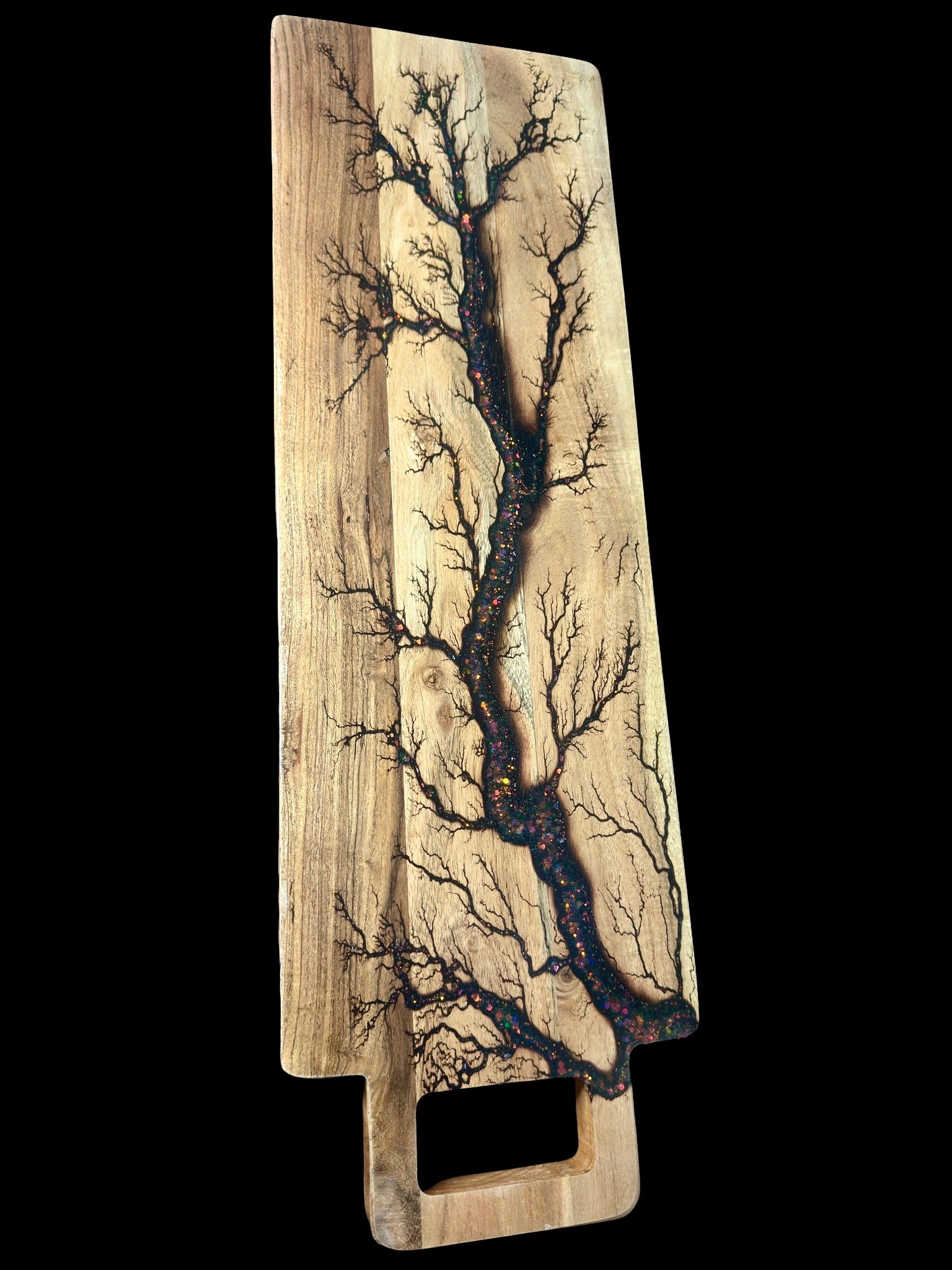 Flat view resin serving platter holographic resin artwork handcrafted in East Gippsland premium timber resin boards Australia