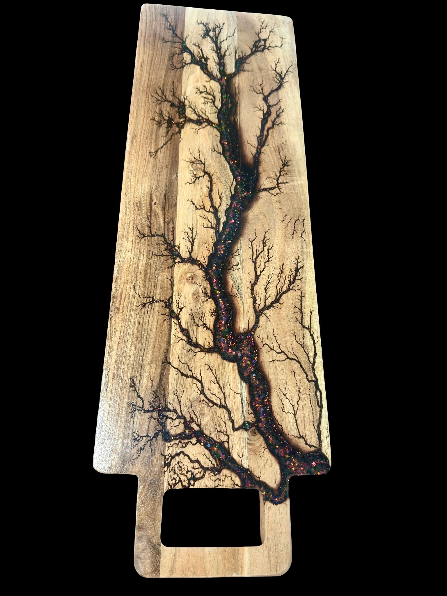 Food safe holographic resin serving platter made from sustainable timber by Fractal Flow Designs East Gippsland Resin Boards Australia