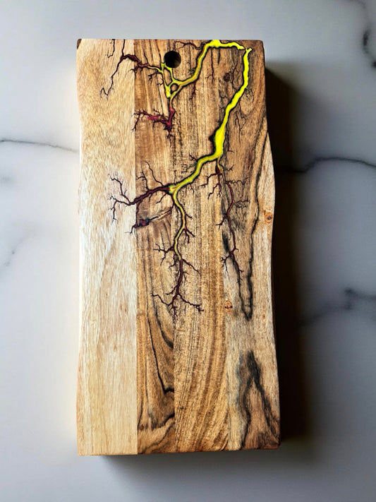 Live edge fire resin board red and yellow resin boards Australia handcrafted timber with bold fractal burning