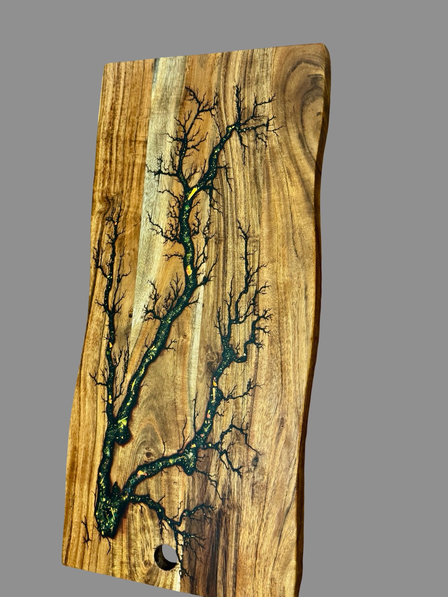 Luxury Australian resin board with natural live edge wood, artisan charcuterie and grazing platter handmade by Fractal Flow Designs, perfect for weddings or housewarming gifts