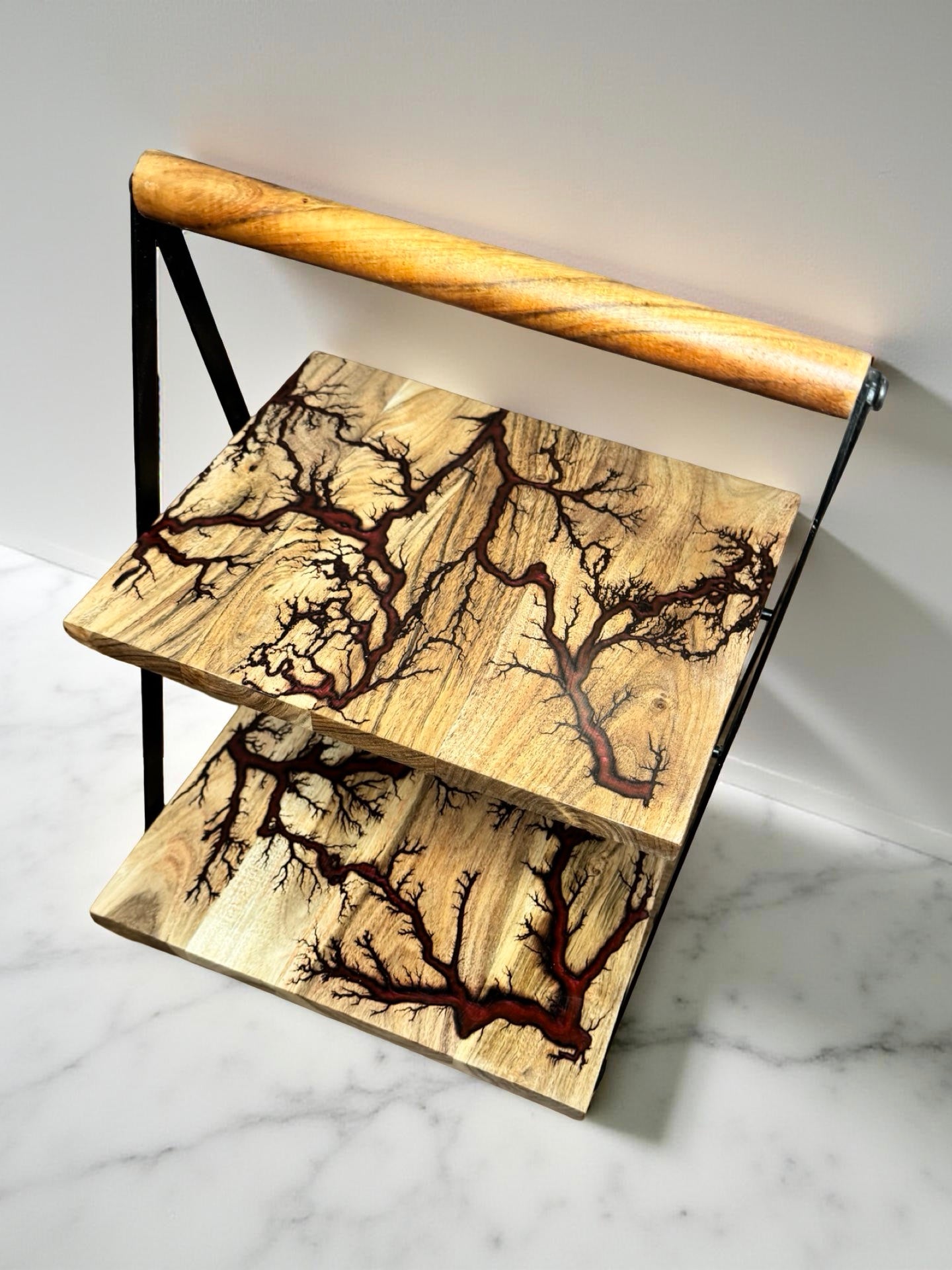 Premium red resin dessert stand electrifying fractal burning art East Gippsland Australian made resin boards Australia by Fractal Flow Designs