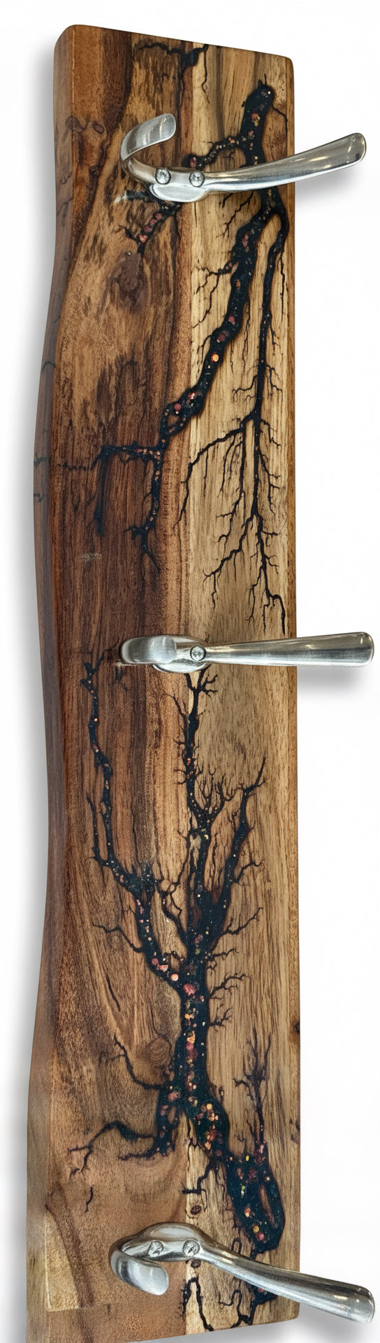 Rustic yet refined timber coat rack with fractal burning detail. Handmade in Australia