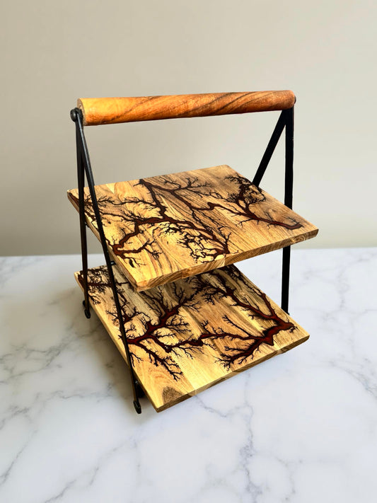 Red resin cake stand handcrafted in East Gippsland premium Australian timber dessert stand fractal burn art by Fractal Flow Designs resin boards Australia