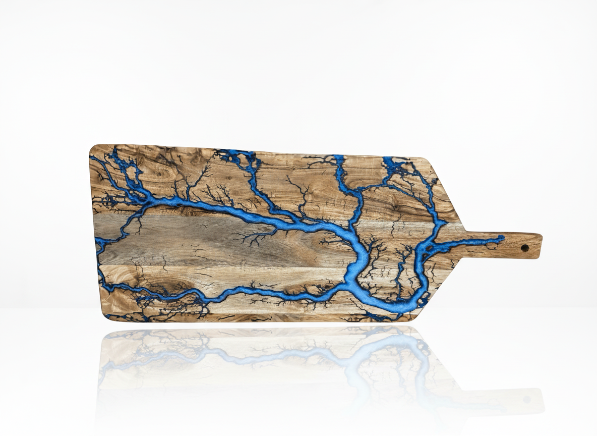 Fractal Flow Designs Australian Resin Boards – oversized timber grazing paddle featuring fractal burning art and resin details, made in East Gippsland, perfect for charcuterie boards, cheese platters, and premium wedding or housewarming gifts.