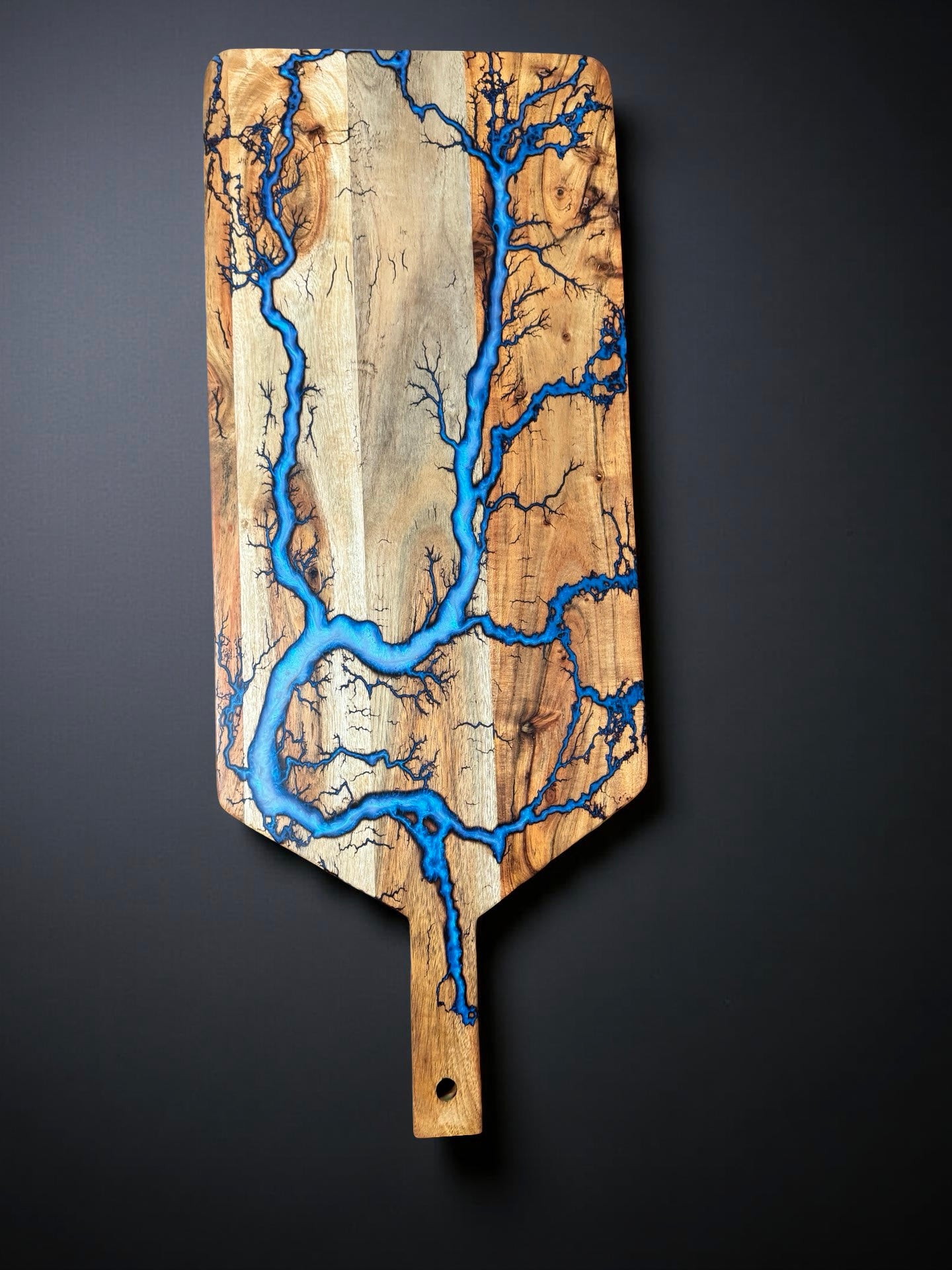 Large iridescent blue resin serving paddle 740 x 300mm East Gippsland sustainable timber resin boards Australia
