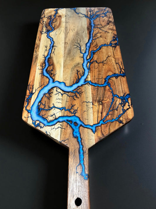 Iridescent blue resin paddle board 740 x 300mm handcrafted Australian timber premium serving board