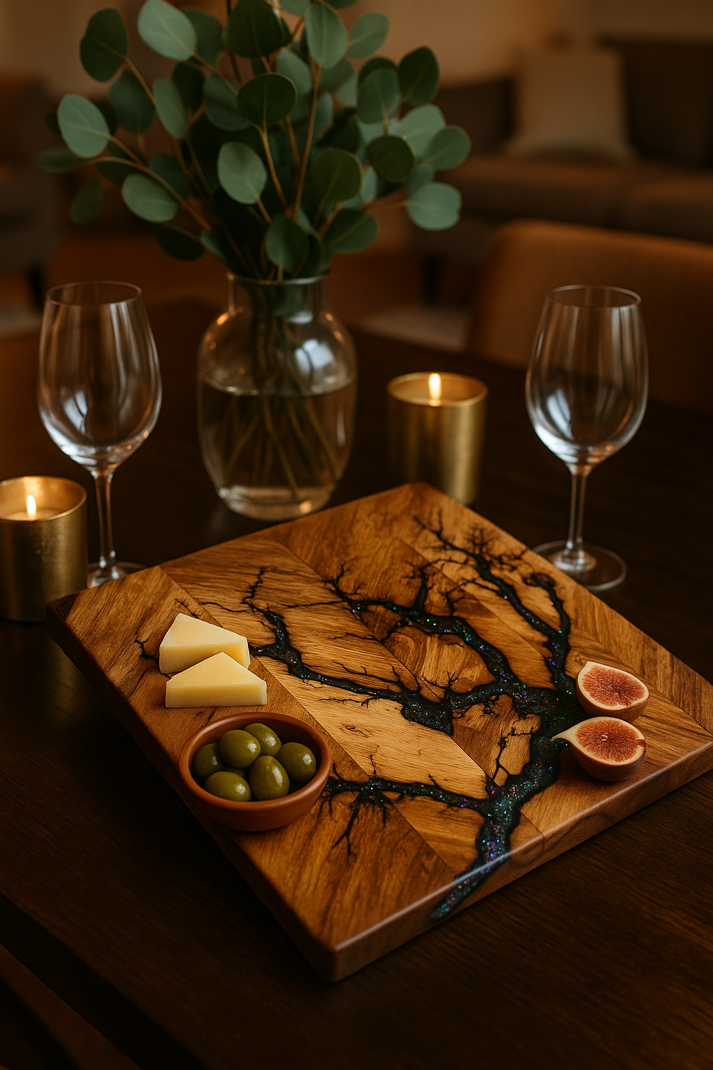 Wooden cutting board with cheese, olives, and figs on a table with wine glasses and a vase. Australian Resin boards - Fractal flow designs 