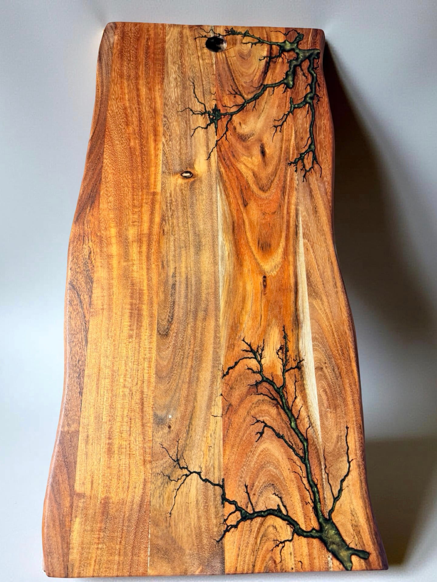 Premium live edge board gold chameleon resin art resin boards Australia with striking fractal burning