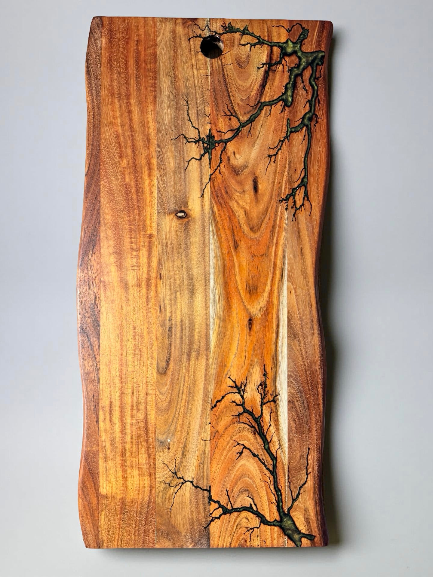 Live edge board gold chameleon resin boards Australia handcrafted timber with bold fractal burning art
