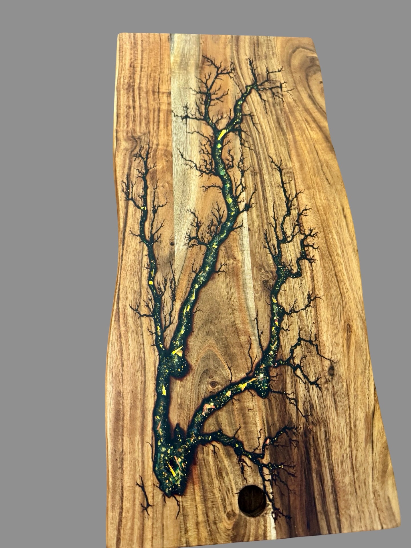 Unique live edge resin board with charcuterie style design, artisan serving platter from Bairnsdale Victoria, made with Australian timber for cheese and grazing lovers