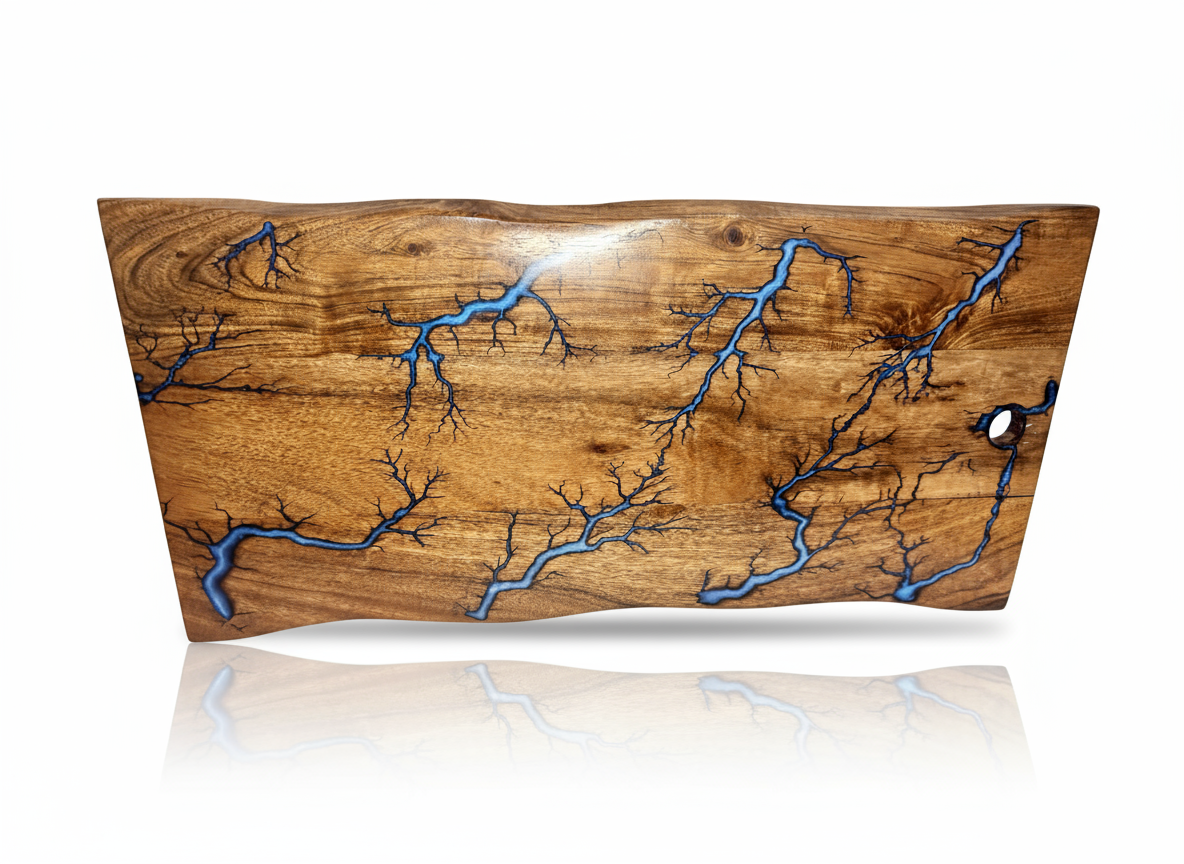 Fractal burning live edge resin charcuterie board – premium Australian-made timber gift board. Perfect for cheese platters, grazing spreads, and special occasions. Ships Australia-wide.