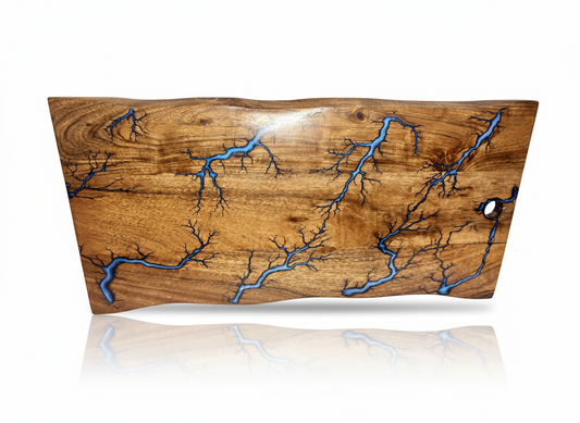 Fractal burning live edge resin charcuterie board – premium Australian-made timber gift board. Perfect for cheese platters, grazing spreads, and special occasions. Ships Australia-wide.