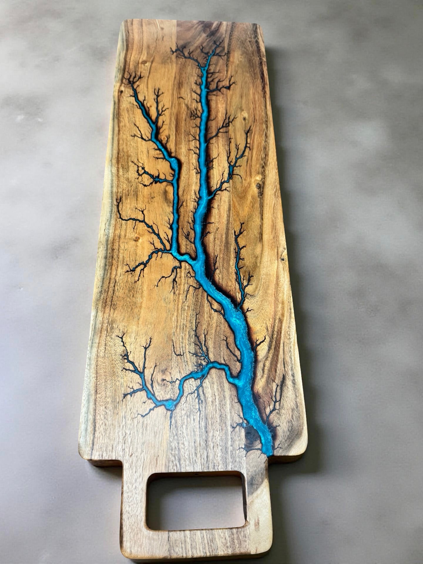 Long electric resin serving board lagoon blue design, handcrafted Australian timber grazing platter