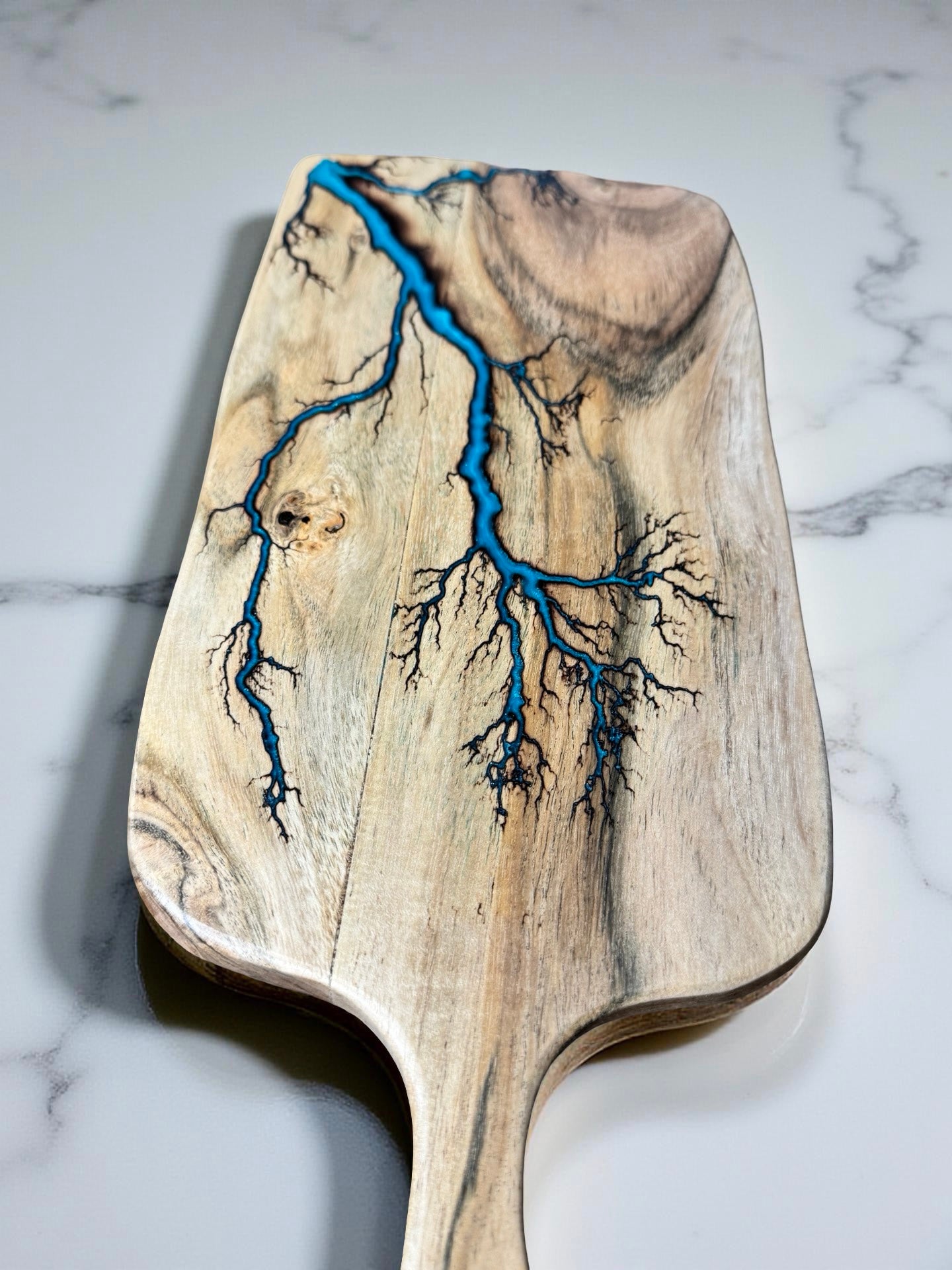 Australian acacia cheese board lagoon blue resin rectangle paddle with fractal burning accents