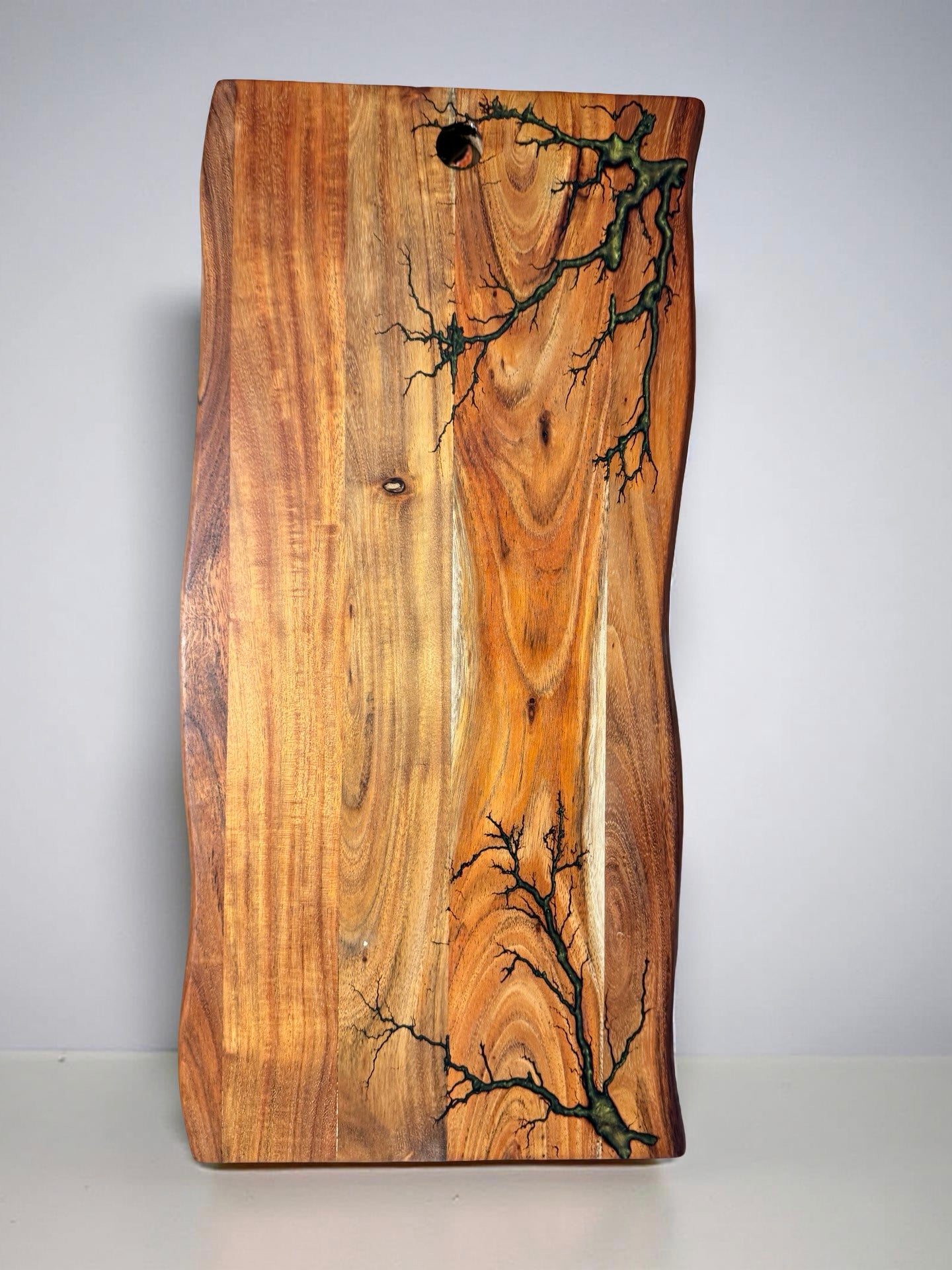 Gold chameleon resin live edge serving board Australian timber resin boards Australia unique fractal burn