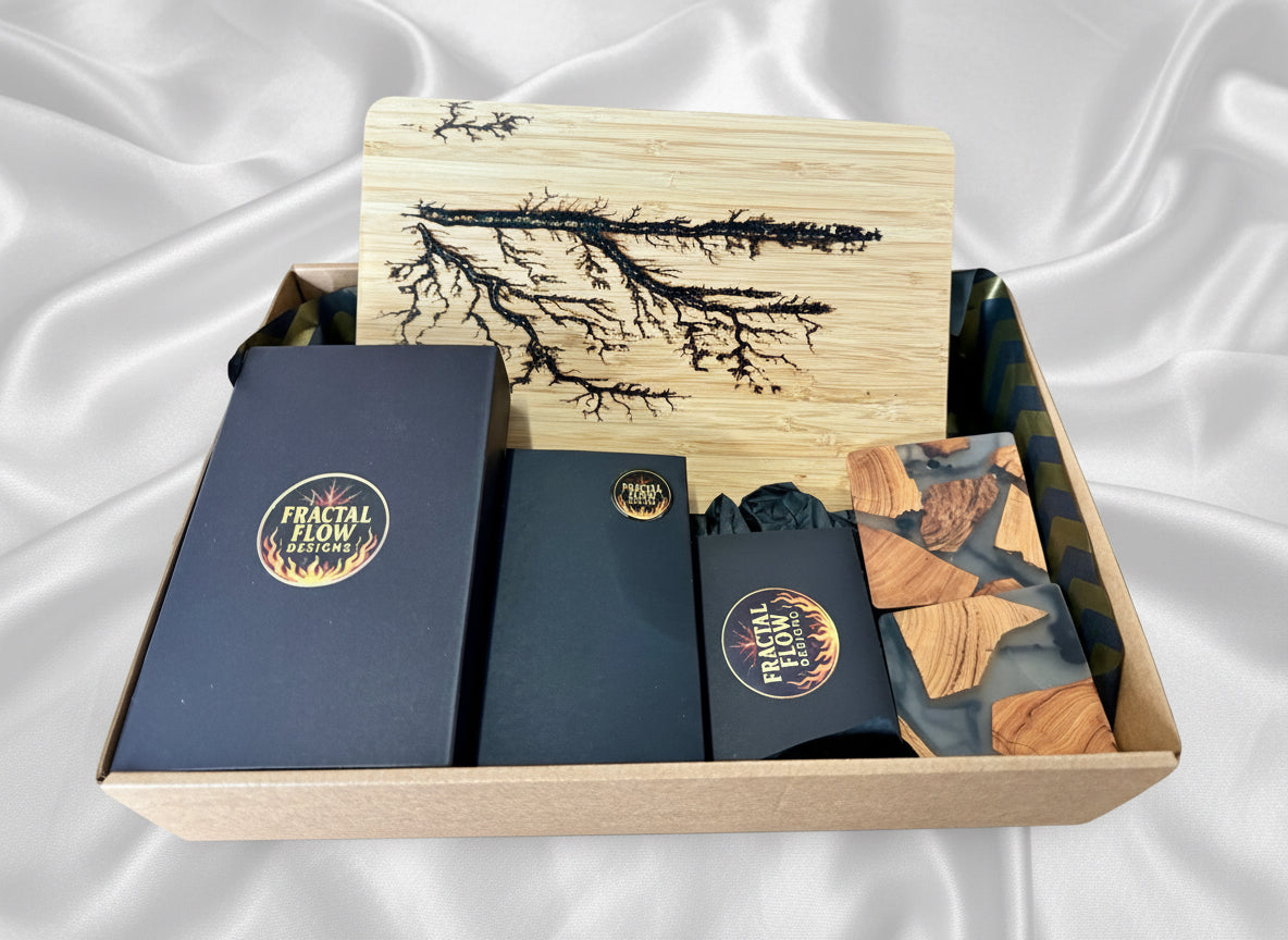 Bamboo chopping board gift box with clear resin and cypress timber coasters