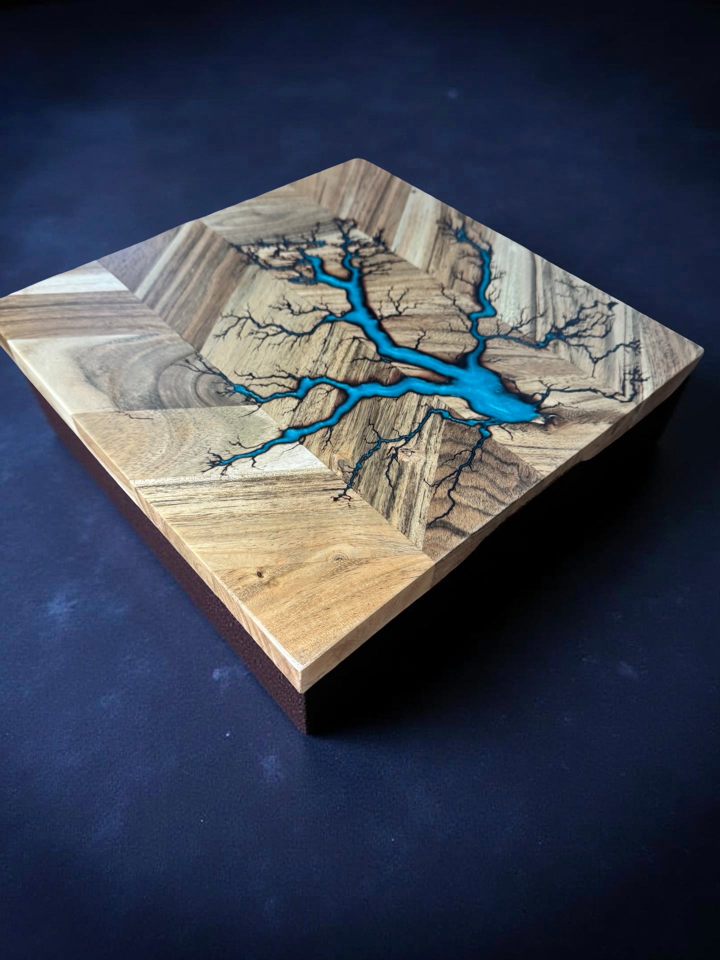 Australian hardwood chopping board 320 x 320 showcasing mermaid blue resin artwork with striking fractal burning patterns resin boards Australia artisan made in Bairnsdale by Fractal Flow Designs