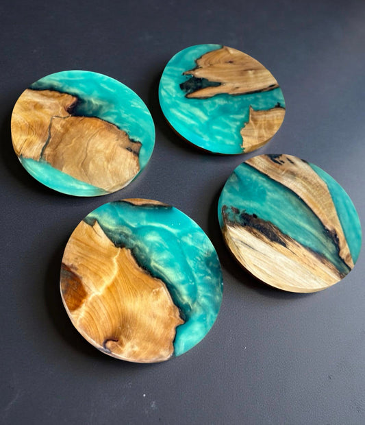 Artisan round wood coaster with deep green resin handmade in Australia