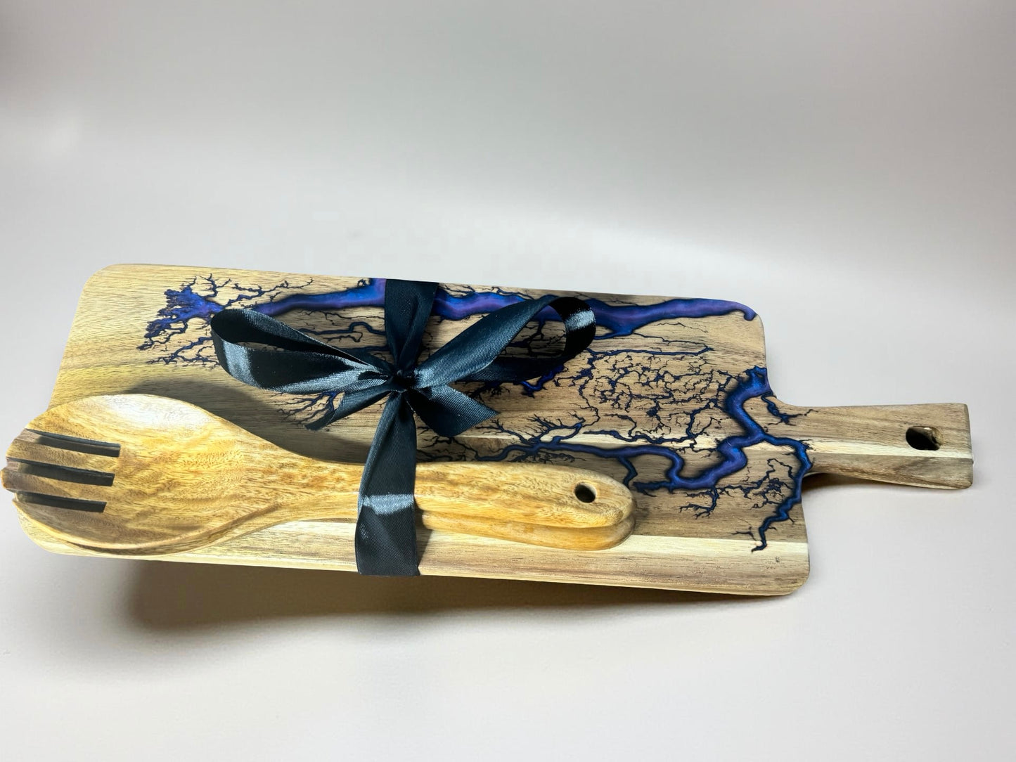 Rectangle acacia cheese board purple resin finish with wooden utensils, East Gippsland artisan