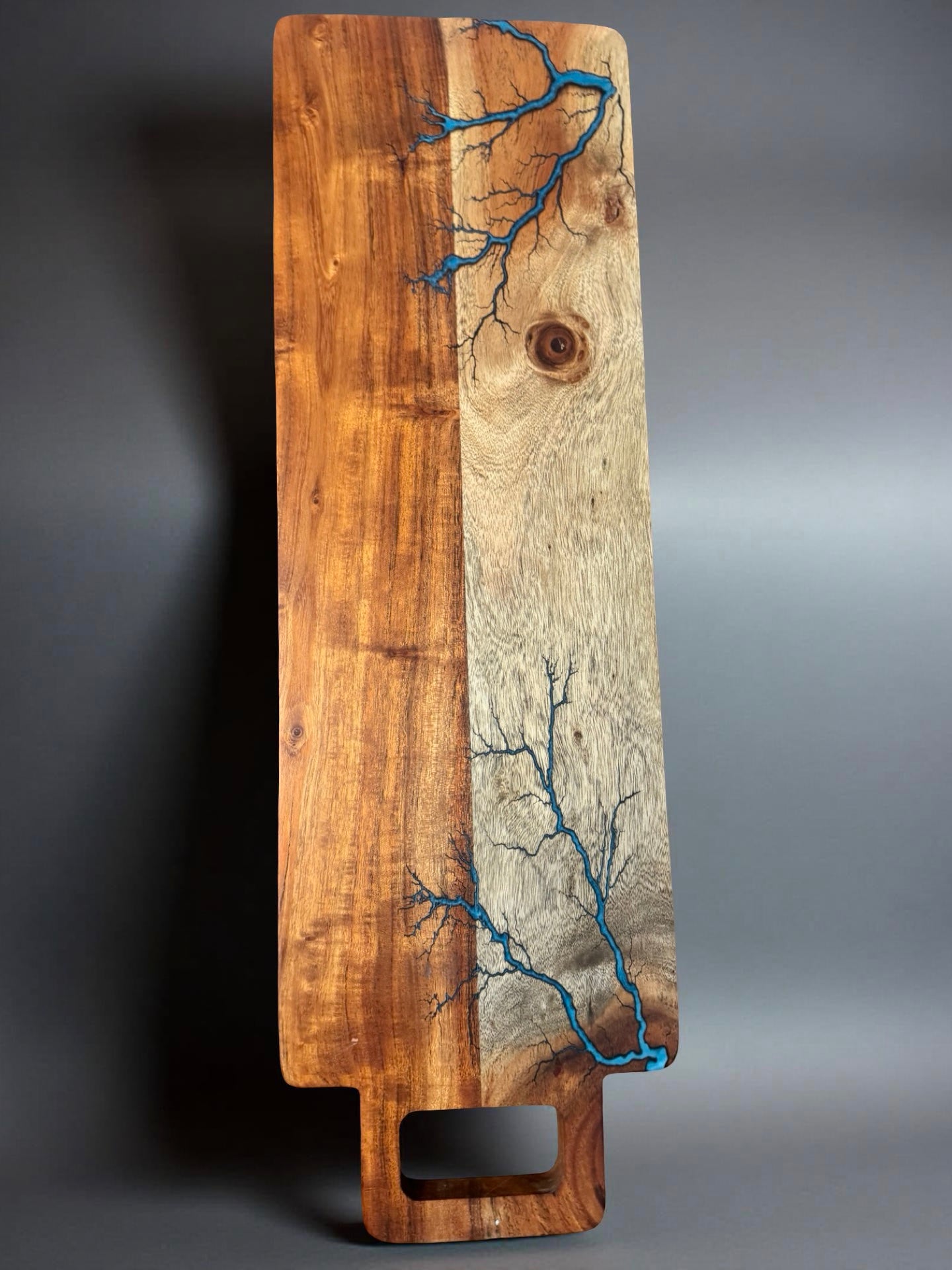 Long sky blue resin platter board 720 x 220 showcasing fractal burning art handcrafted from Australian timber