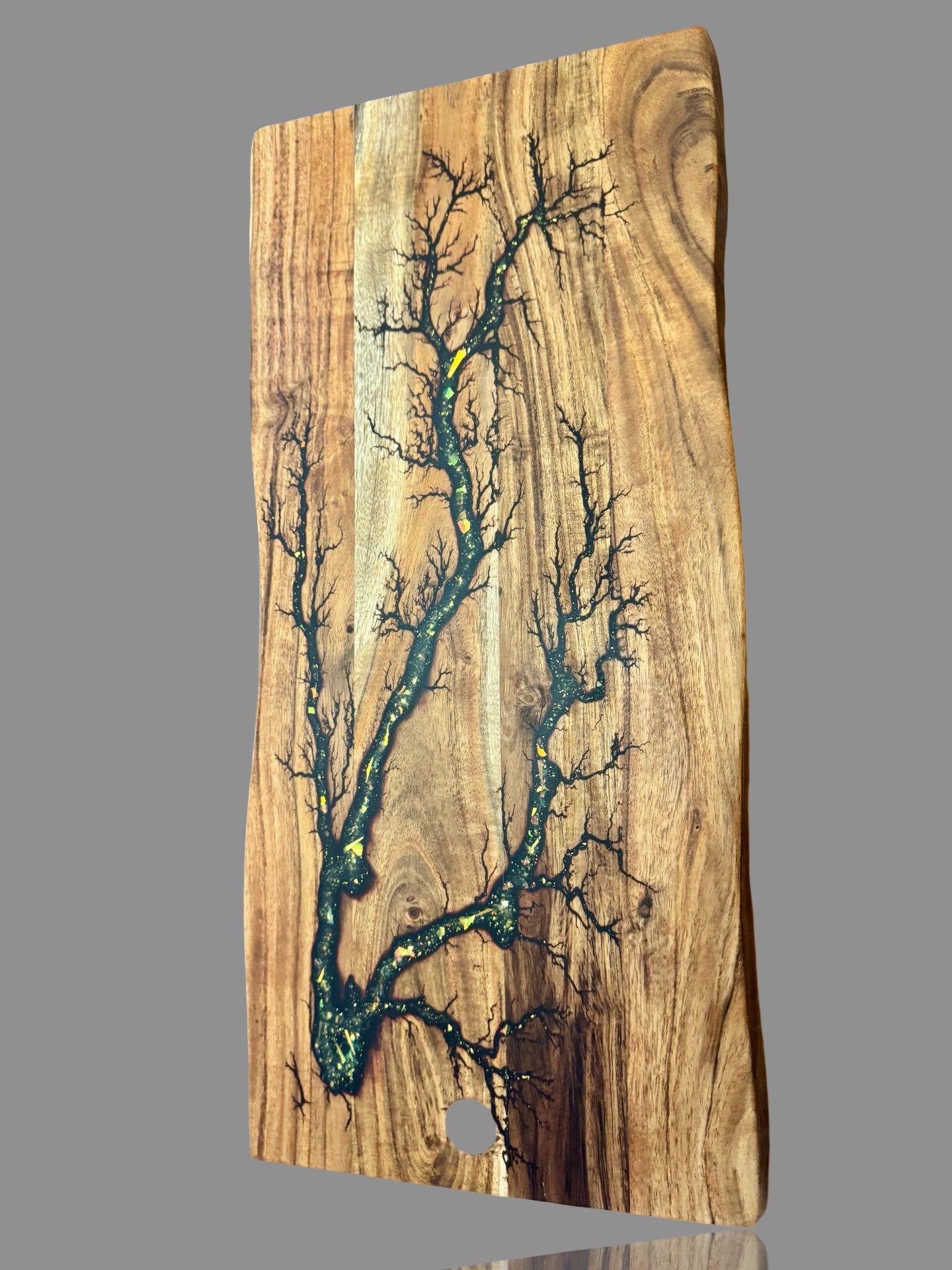 Australian resin charcuterie board with natural live edge finish, handcrafted platter by Fractal Flow Designs, premium gift idea for birthdays, weddings and anniversaries