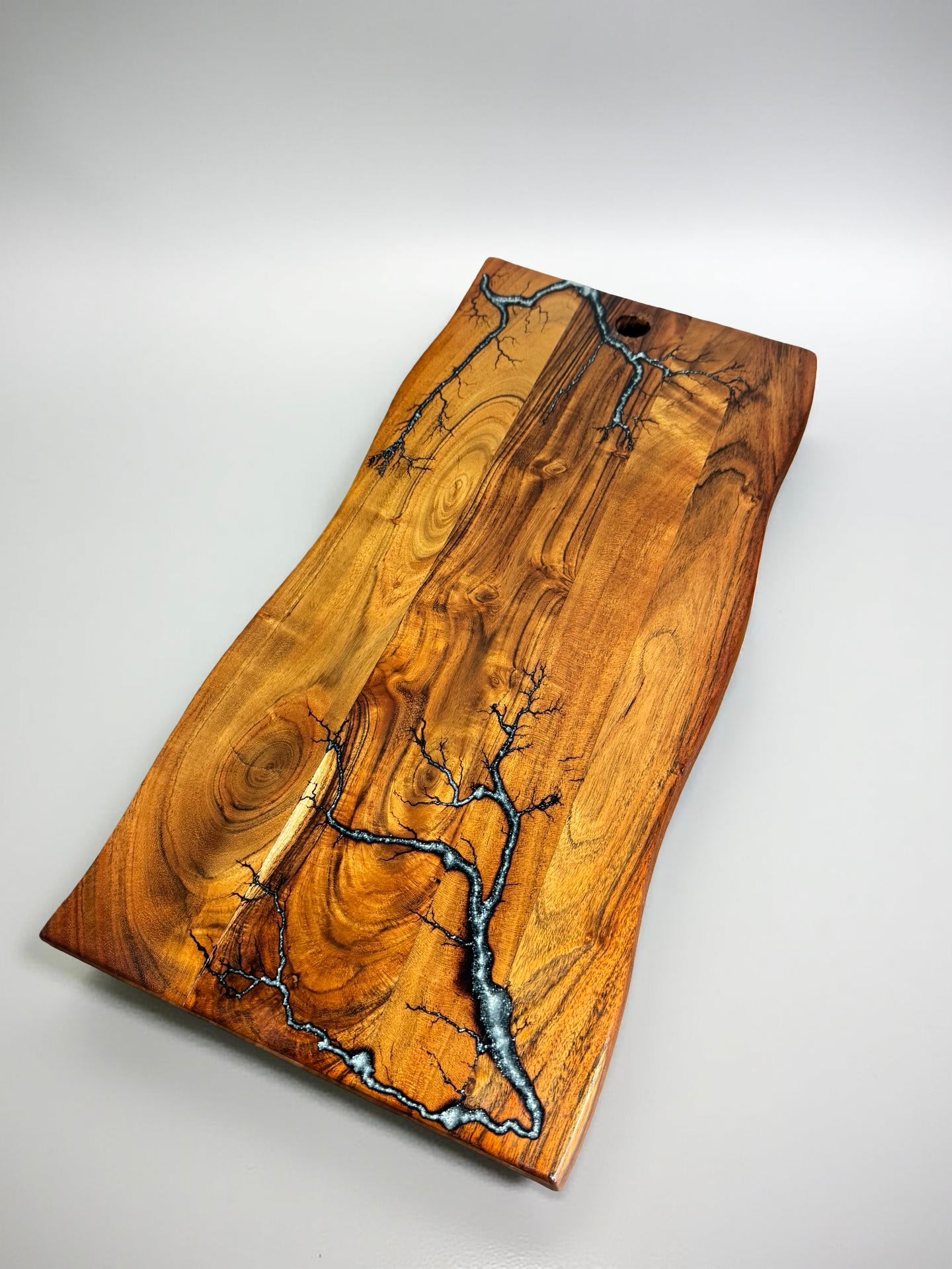 Reflective silver resin charcuterie grazing board resin boards Australia artisan build with striking fractal burn Patterns