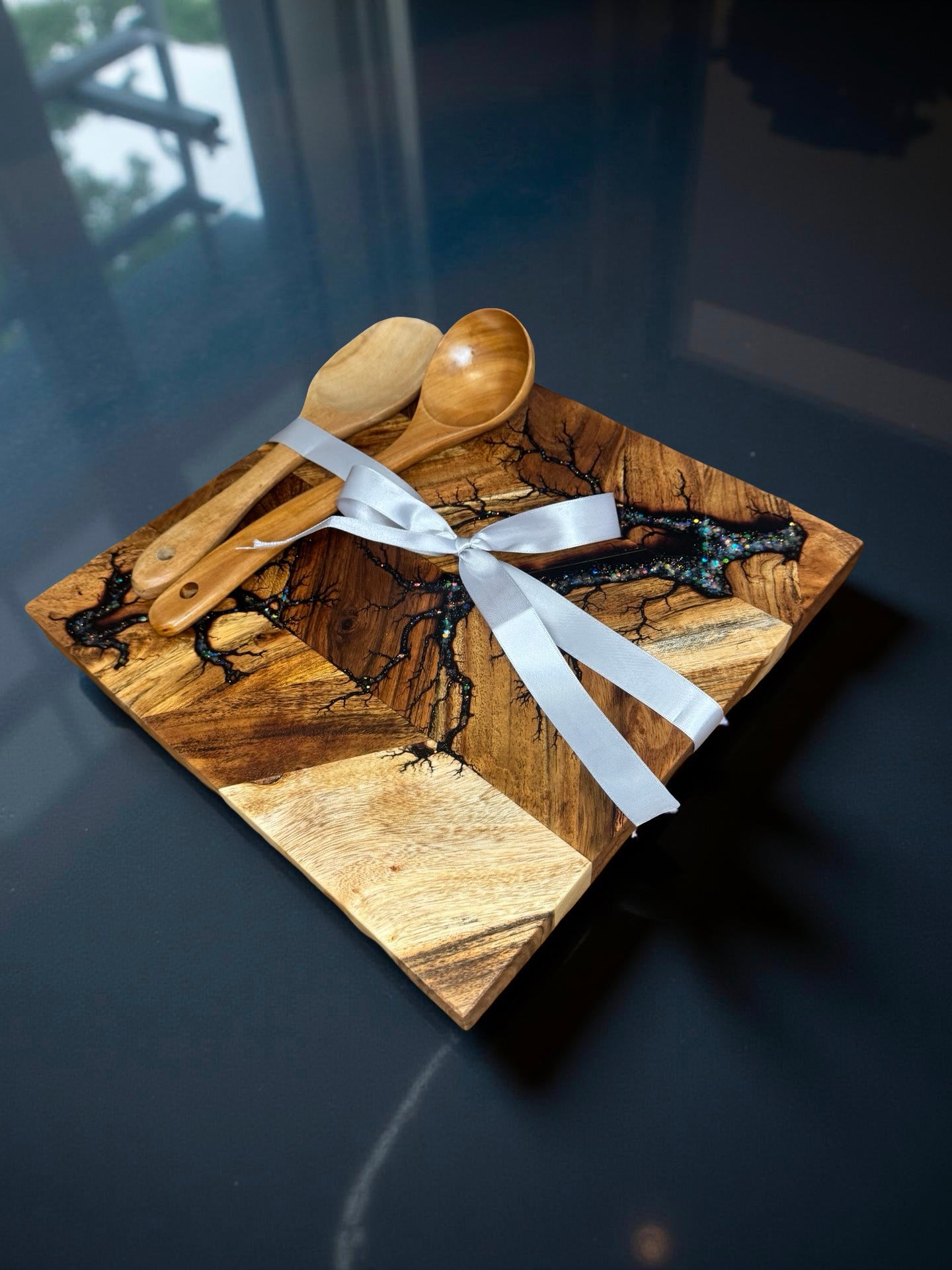 Square grazing and chopping board 320 x 320 with matching wooden utensils and silver ribbon gifting style