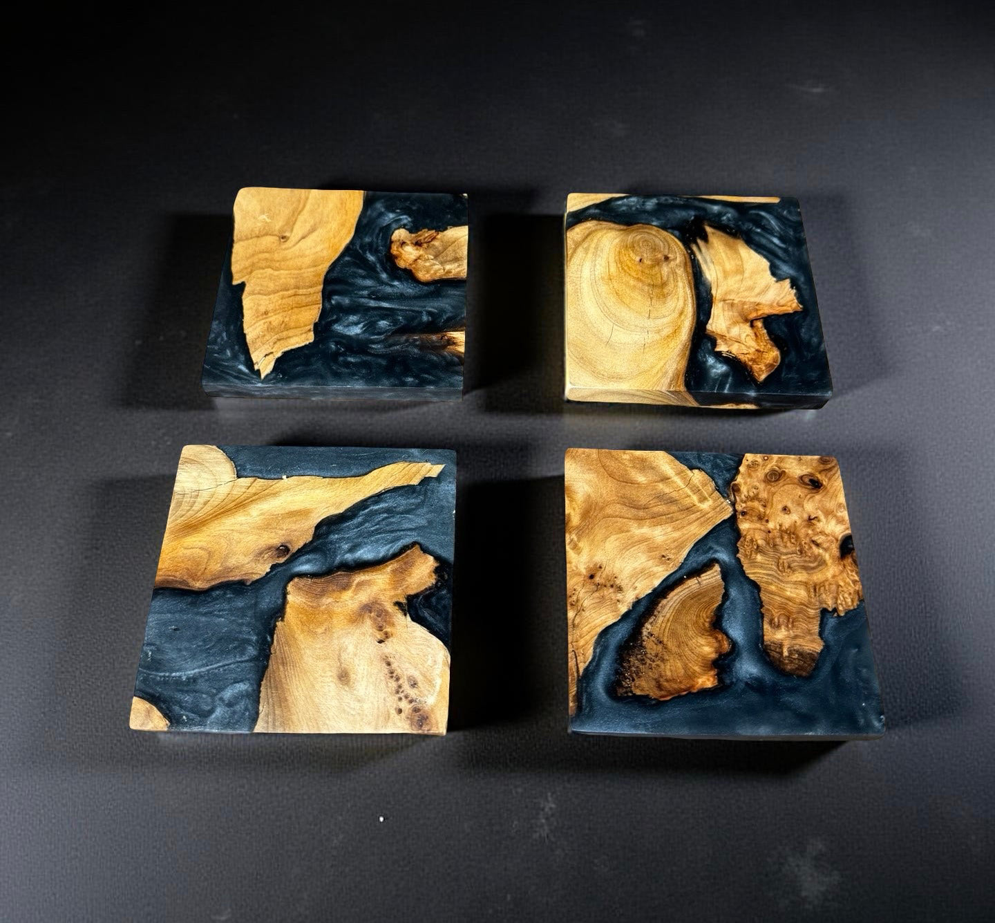 Artisan square wood coaster with bold black resin handmade in Australia