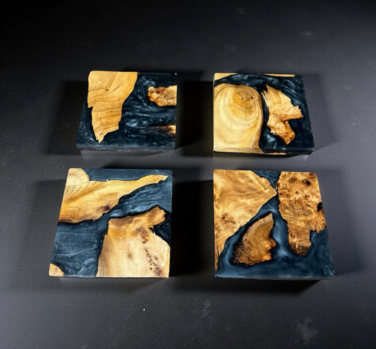 Artisan square wood coaster with bold black resin handmade in Australia