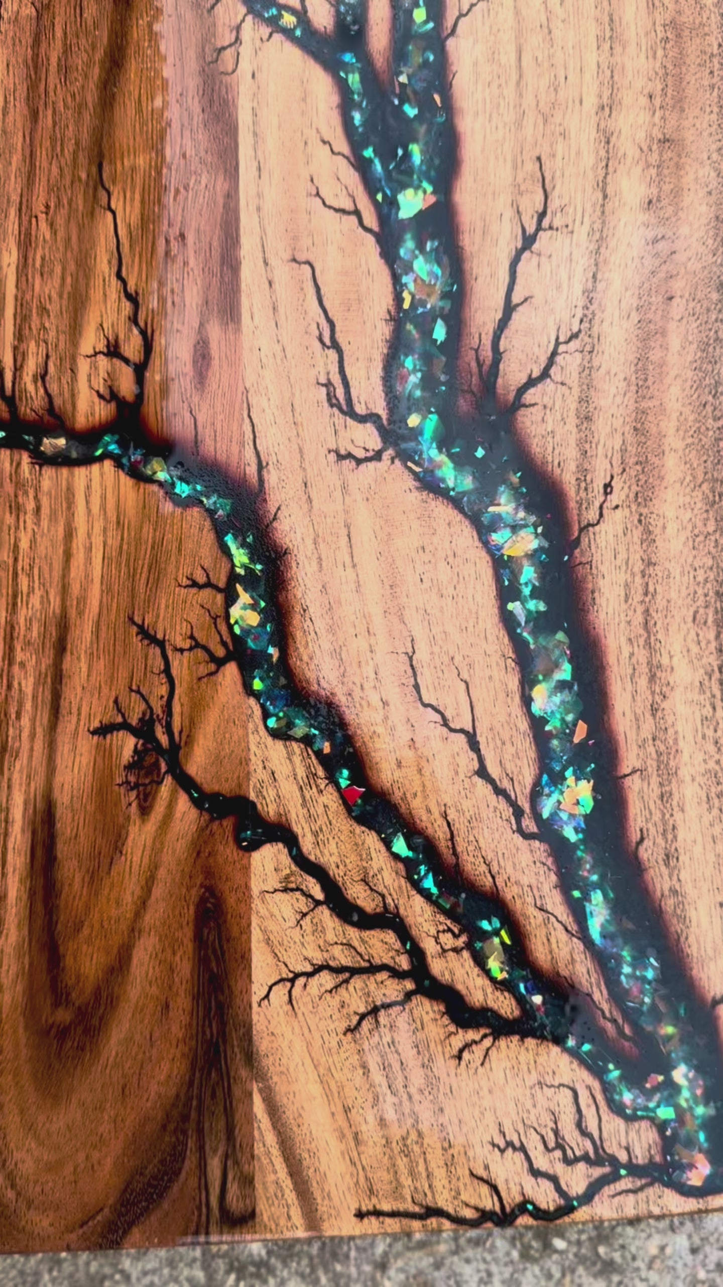 Load video: Magic Opal resin serving board handmade from Australian timber by Fractal Flow Designs – premium grazing and charcuterie platter