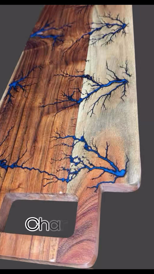 Fractal burning cheese and serving boards with resin highlights