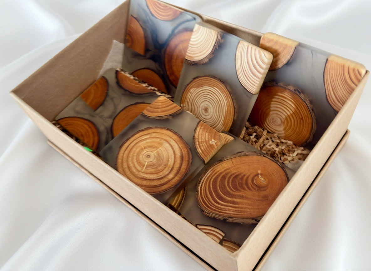 Australian made resin coasters, sustainable timber coasters with food safe resin finish