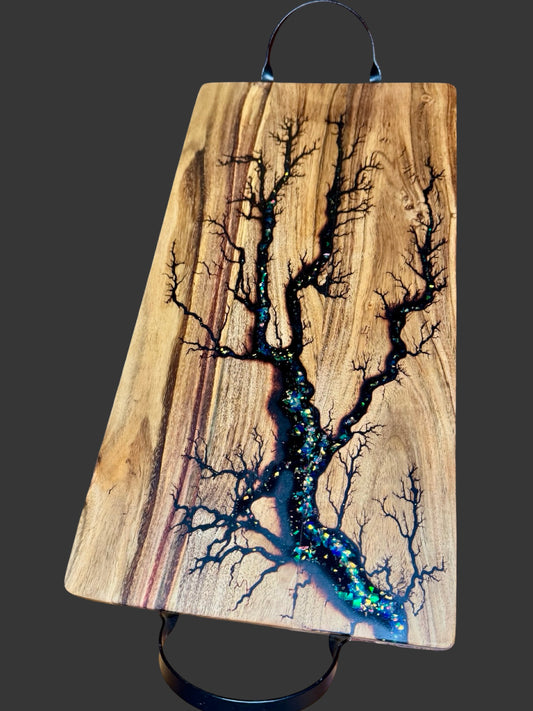 Handcrafted resin serving board by Fractal Flow Designs – Australian made timber with fractal burning detail, perfect for grazing platters