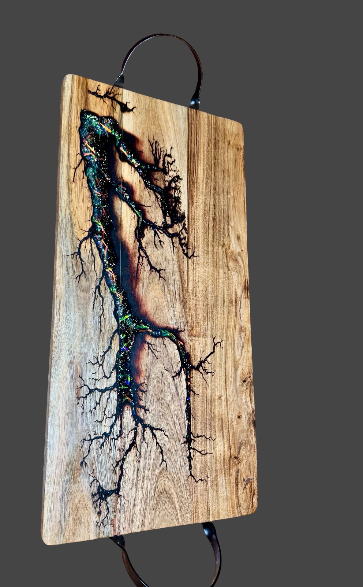 Luxury resin serving board for charcuterie and grazing, artisan crafted in Australia with unique electric fractal design