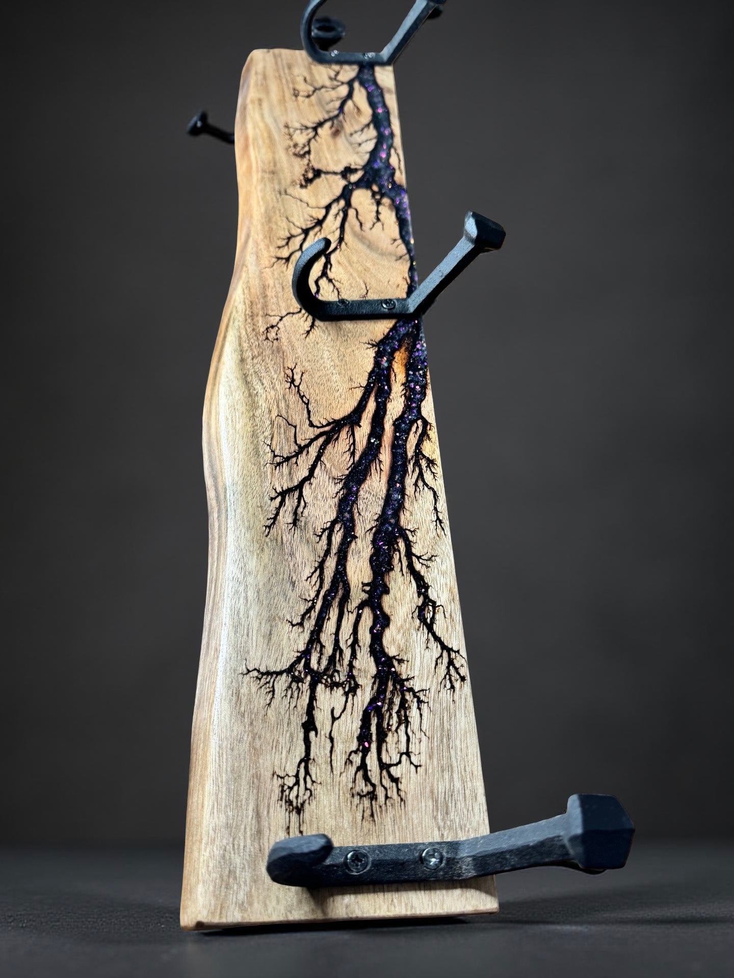 Purple resin coat rack with artistic fractal burn, handcrafted premium décor piece