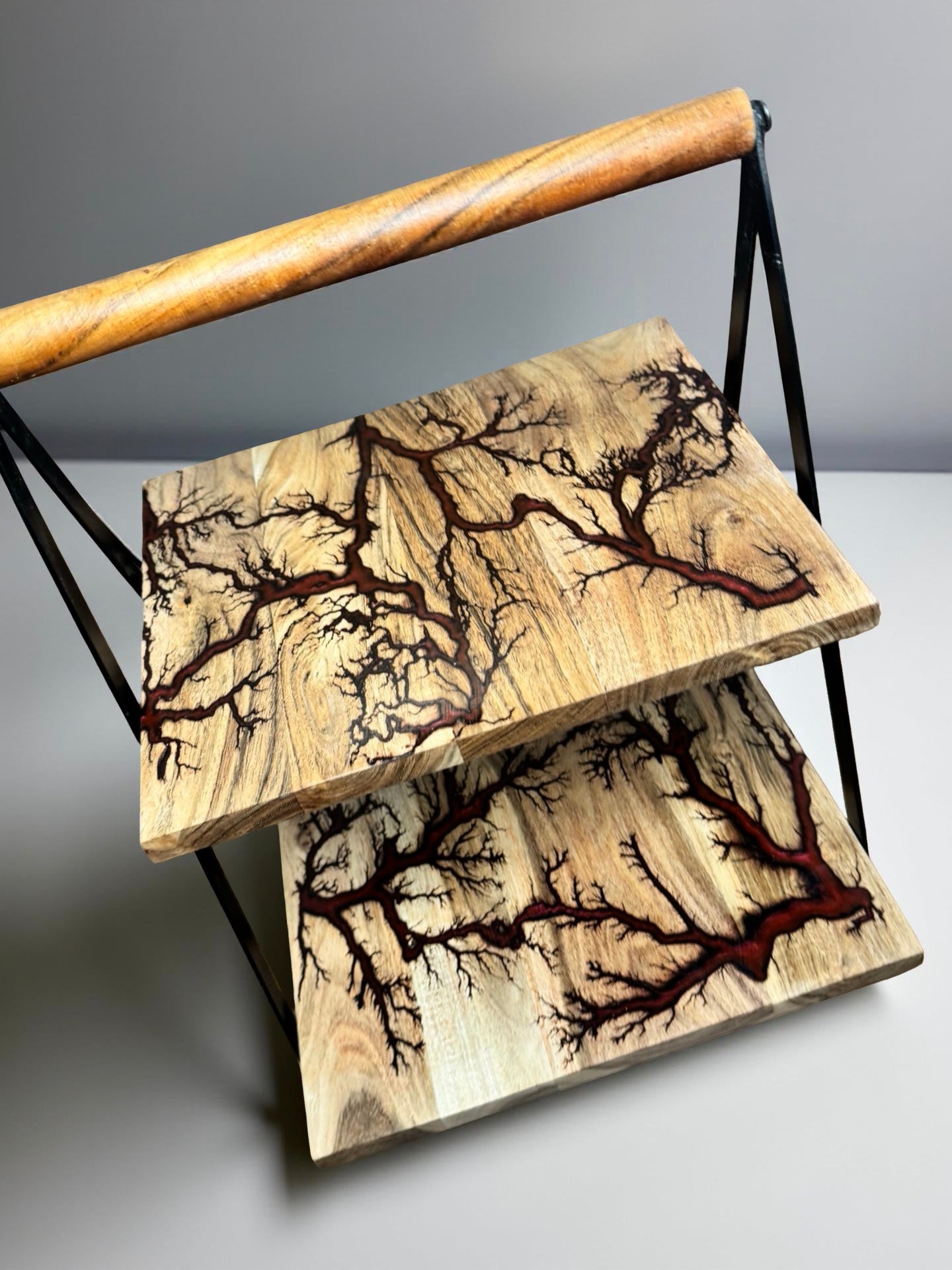 Red resin dessert display stand artisan crafted Australian timber East Gippsland fractal burning art resin boards Australia