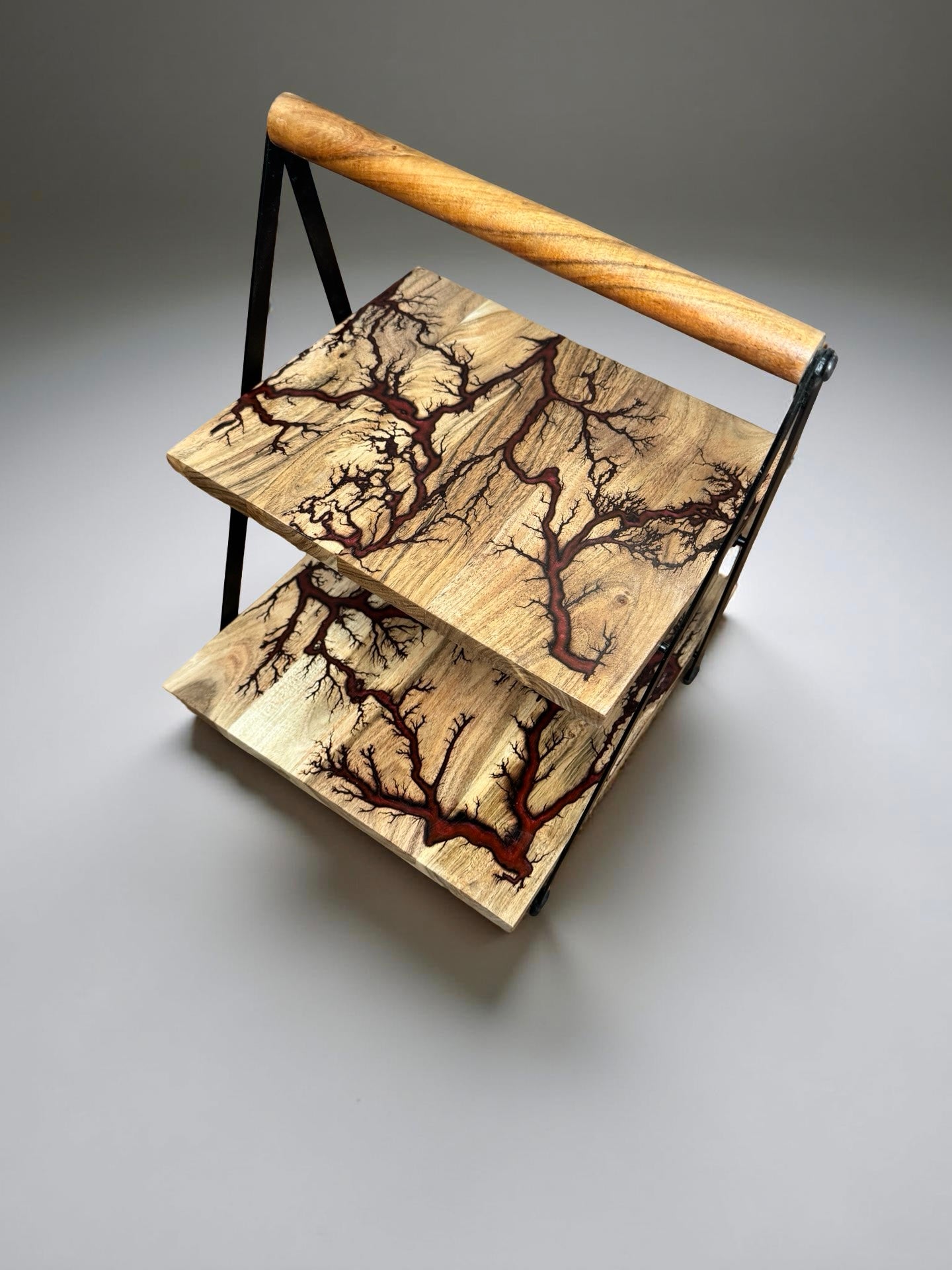 Handcrafted red resin cake stand sustainable Australian timber East Gippsland artisan dessert stand by Fractal Flow Designs resin boards Australia