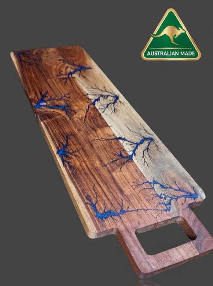Hand-finished Australian grazing board with resin details, ideal for cheese and wine nights