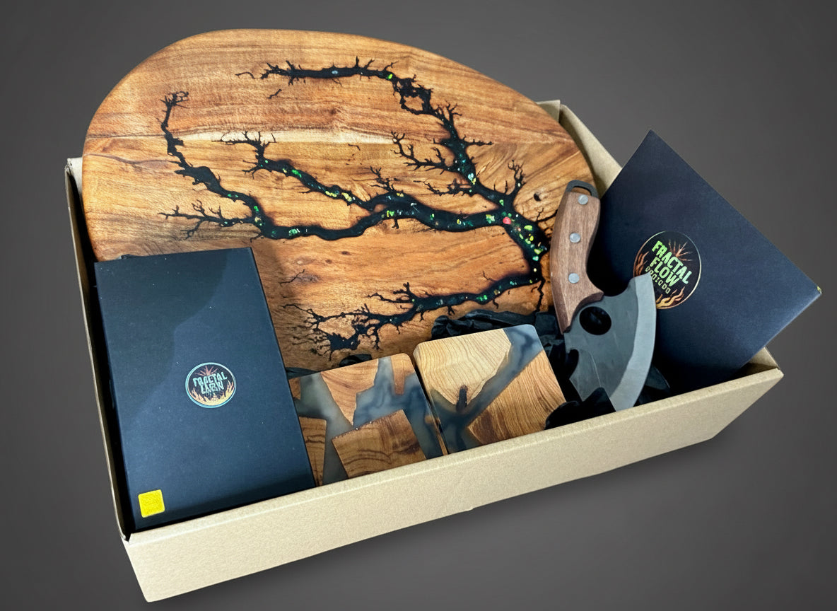 Fractal burnt resin cheese board boxed gift set from Fractal Flow Designs Australia