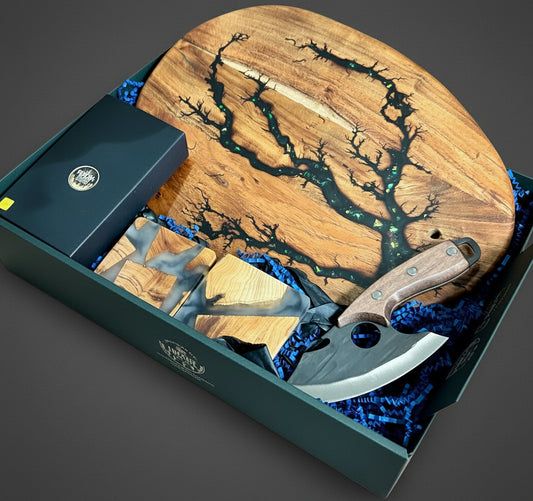 Artisan cheese board gift box with resin timber board coasters and care kit